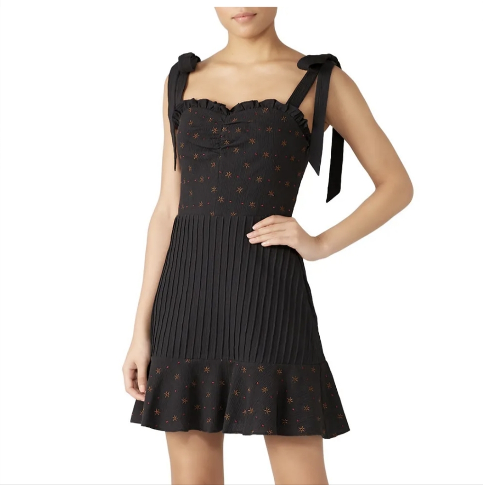 Pleated ruffled mini dress with bow tie shoulders